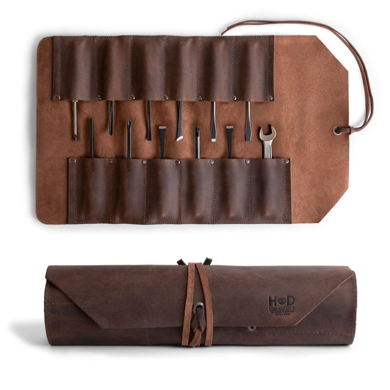 Hide & Drink Leather Tool Bag Roll Up, 12 Slot Heavy Duty Tool Roll Bag Organizer, Tool Roll Up Bag, Portable Tool Wrap Roll Bags for Travel, Durable Tool Kit Folding Tool Pouch Roll Up Mechanic Gifts for Men - Image 1